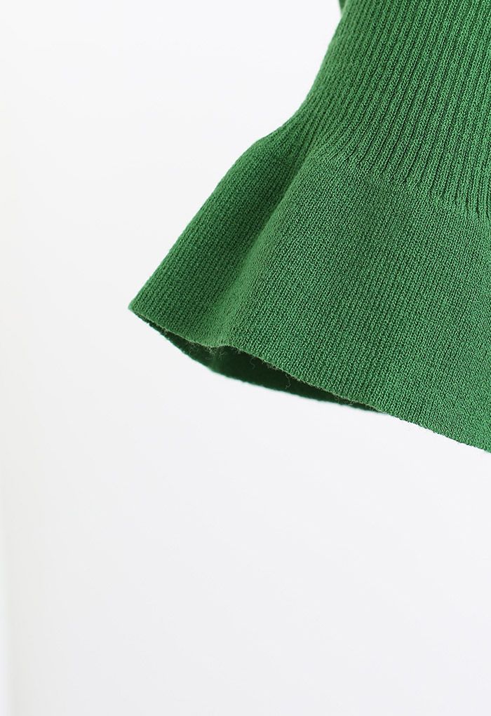 Cross Mesh Flare Cuff Crop Knit Top in Green