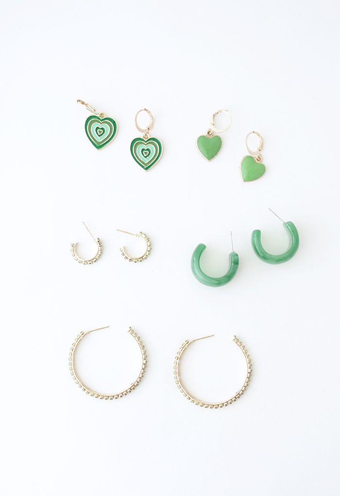 5 Pairs Jade Green Crystal Earrings