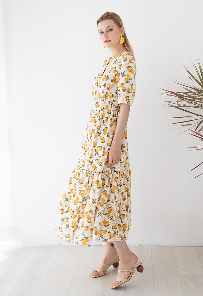 Summer Lemon Print Frilling Wrapped Dress - Retro, Indie and Unique Fashion
