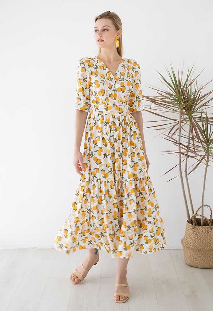 Summer Lemon Print Frilling Wrapped Dress - Retro, Indie and Unique Fashion