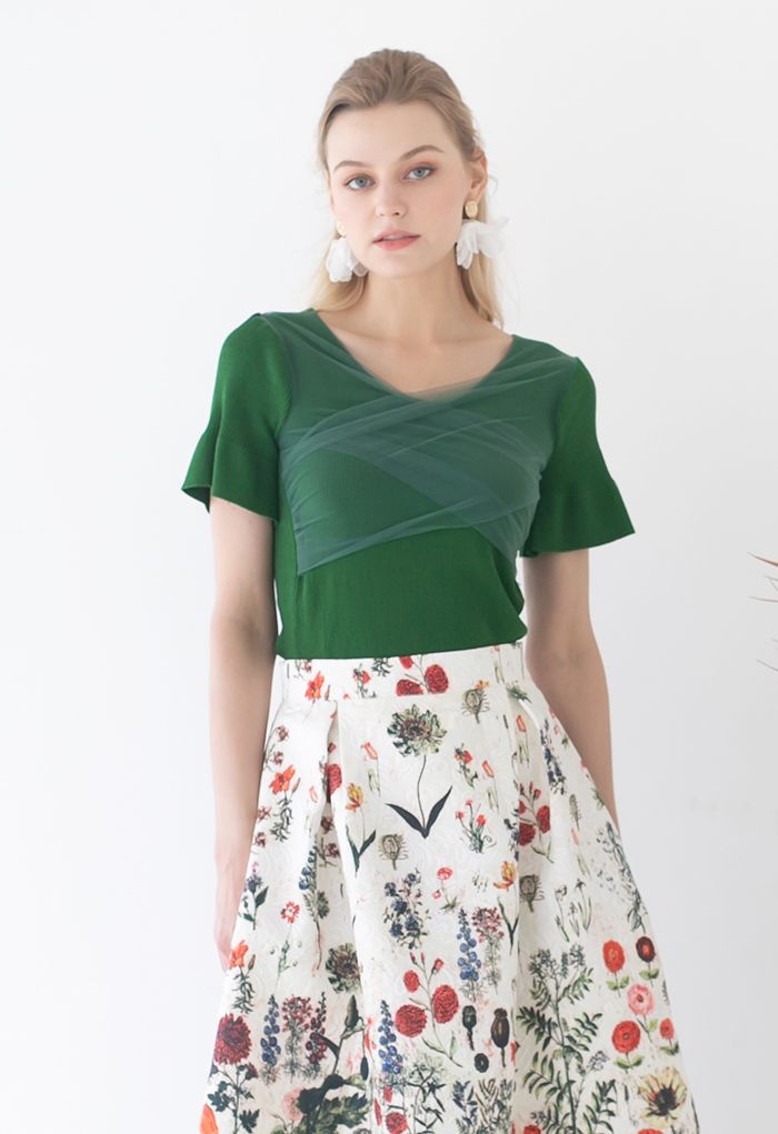 Cross Mesh Flare Cuff Crop Knit Top in Green