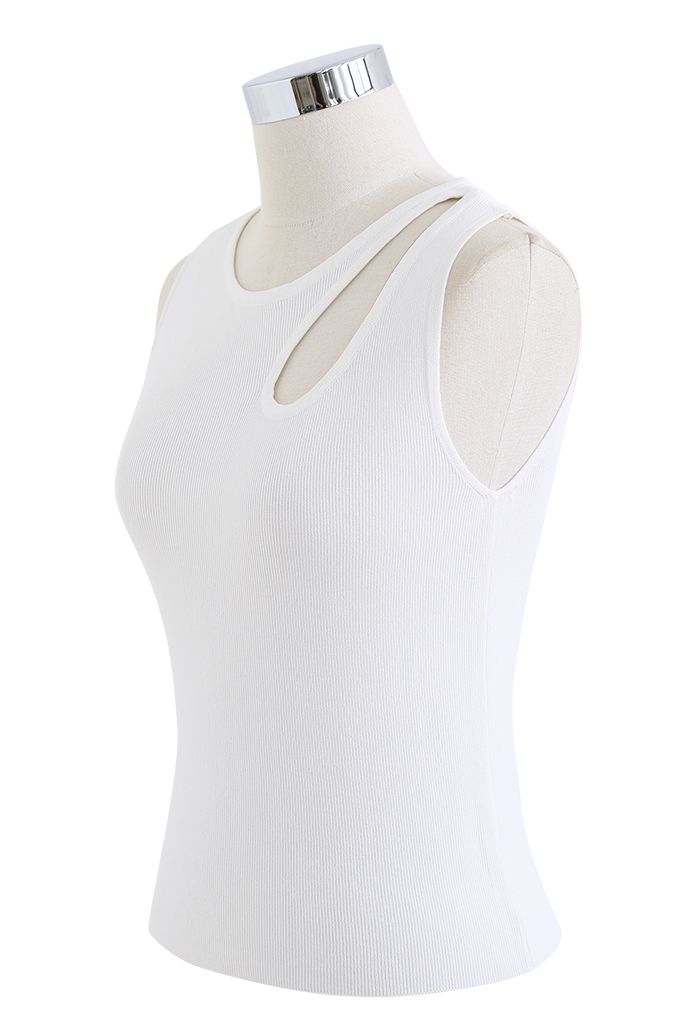 Cutout Shoulder Fitted Knit Tank Top in White