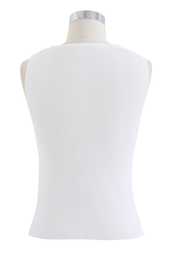 Cutout Shoulder Fitted Knit Tank Top in White