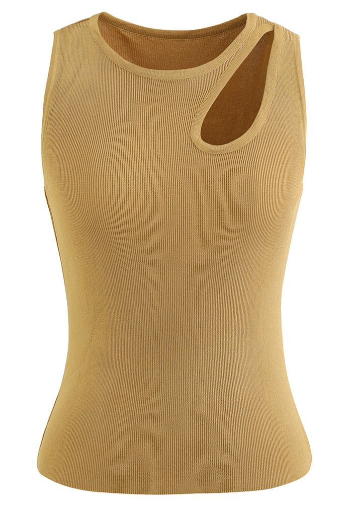 Cutout Shoulder Fitted Knit Tank Top in Mustard