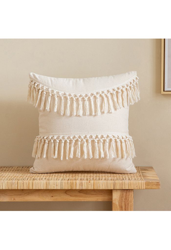 Creamy Tassel Sackcloth Cushion Cover
