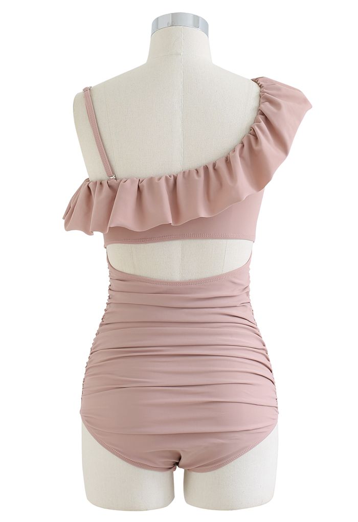 Ruffle Trim Ruched Swimsuit in Pink