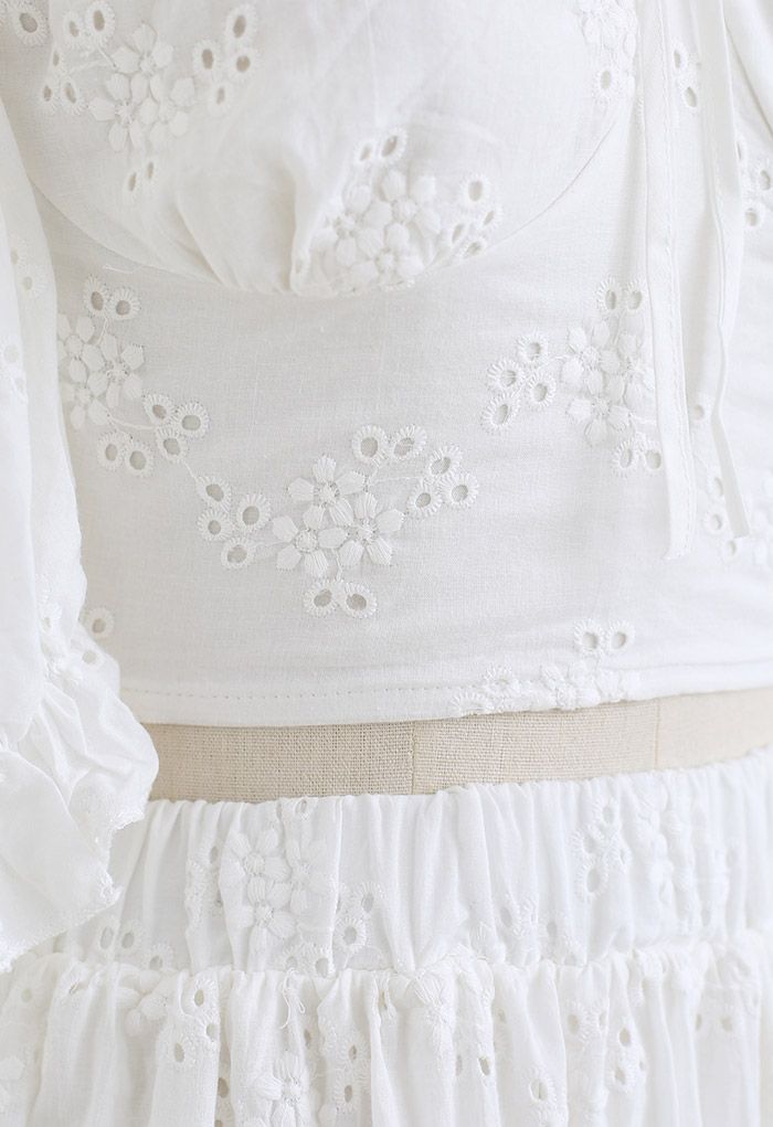 Floral Embroidery Off-Shoulder Crop Top and Skirt Set