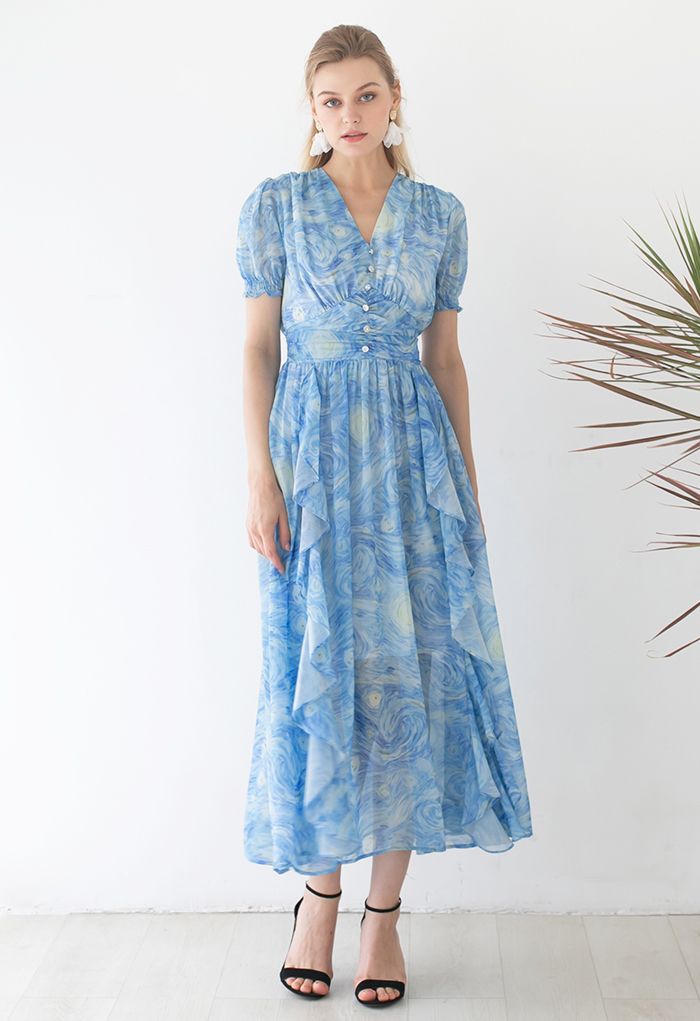 Starry Night Watercolor Ruffle Chiffon Maxi Dress - Retro, Indie and ...