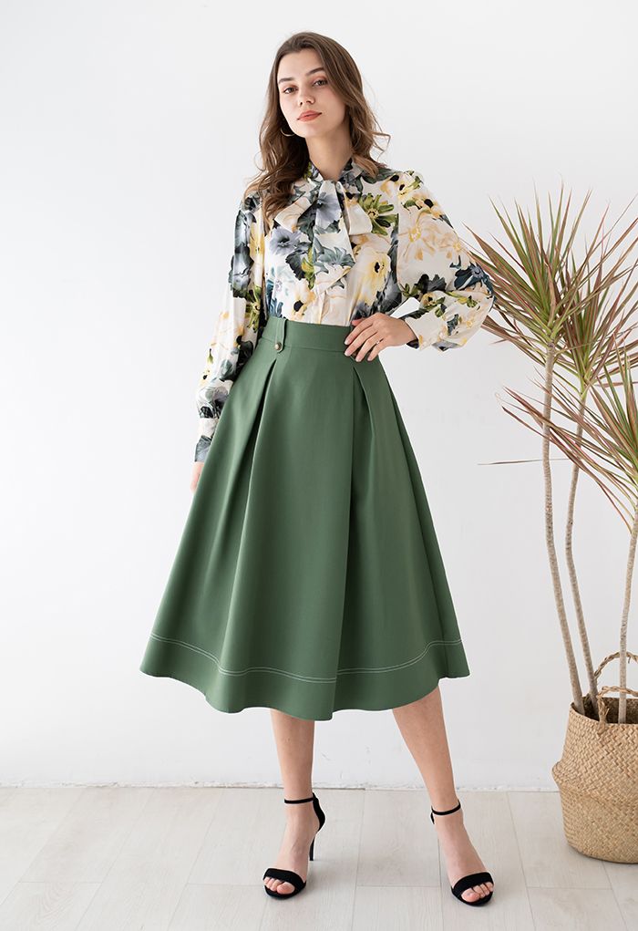 Button Trim Stitches Pleated Flare Midi Skirt in Army Green - Retro ...