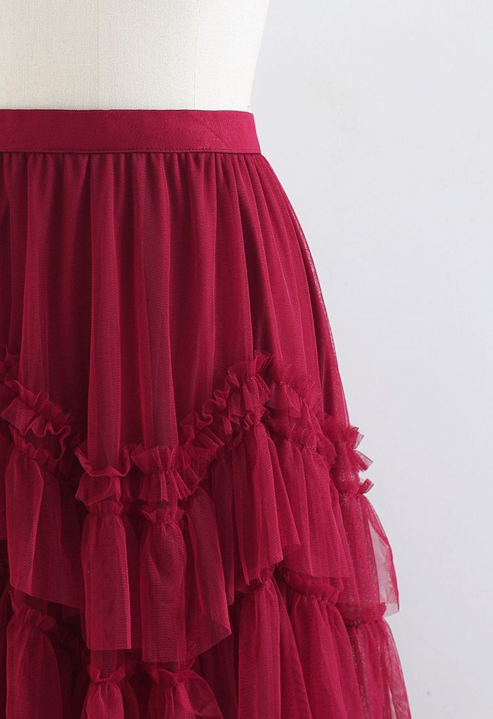 Exquisite Tiered Ruffle Mesh Tulle Skirt in Red