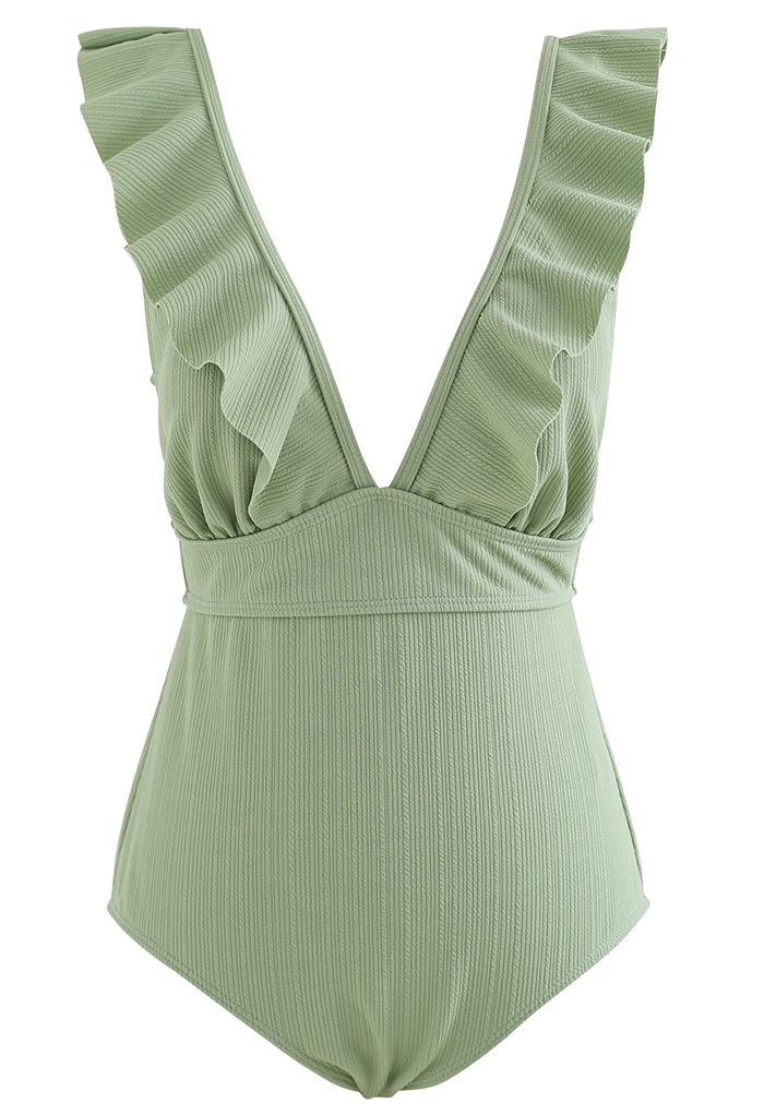 Deep-V Lace-Up Ruffle Swimsuit in Mint