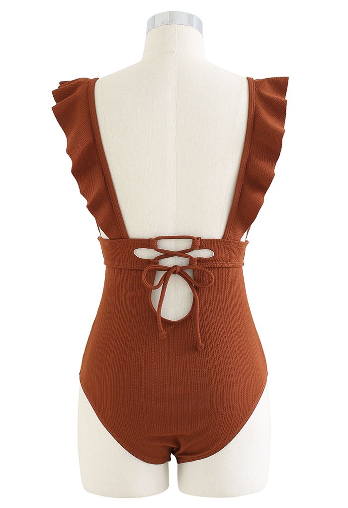 Deep-V Lace-Up Ruffle Swimsuit in Caramel