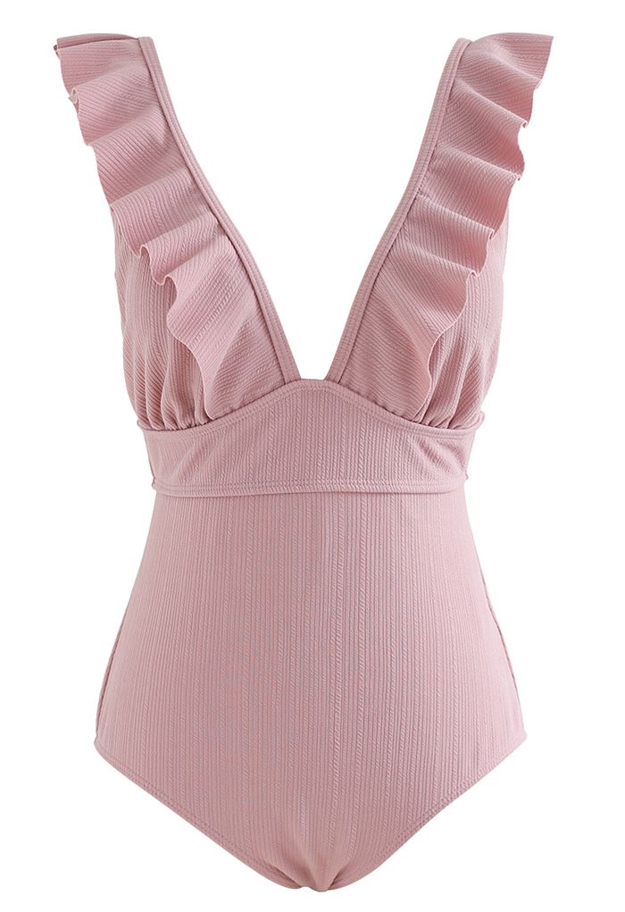 Deep-V Lace-Up Ruffle Swimsuit in Pink