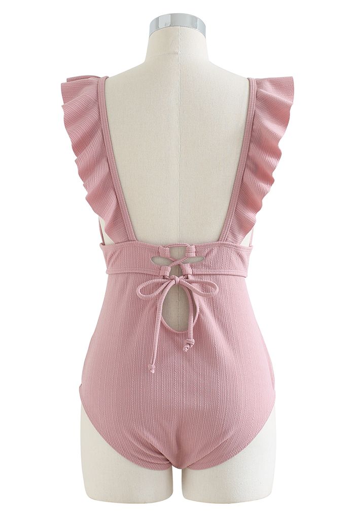 Deep-V Lace-Up Ruffle Swimsuit in Pink