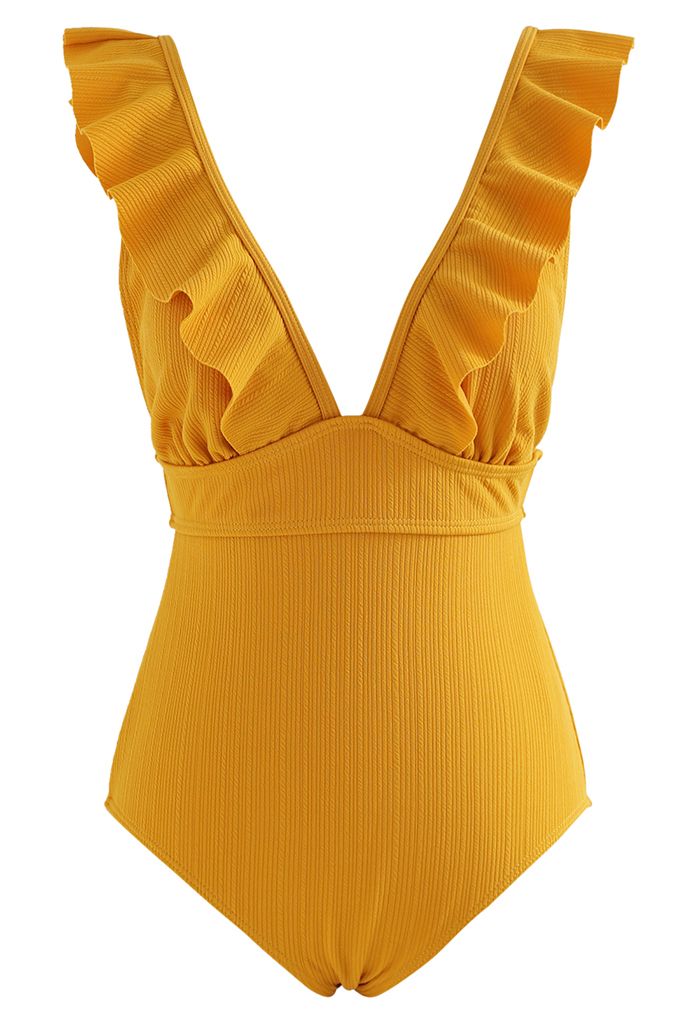 Deep-V Lace-Up Ruffle Swimsuit in Mustard - Retro, Indie and Unique Fashion