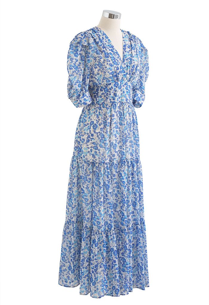 Floret Print V-Neck Frilling Maxi Dress in Blue