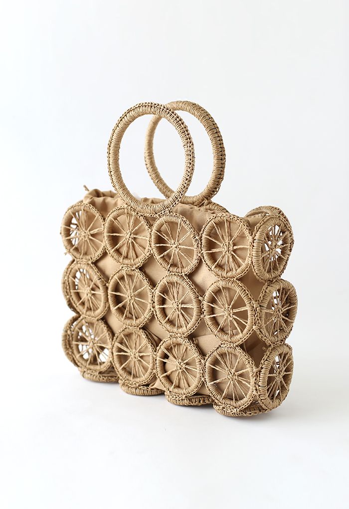 Wheel Shaped Woven Straw Handbag in Caramel