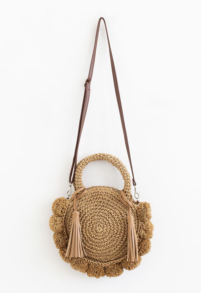 Pom-Pom Ball Tassel Trim Straw Handbag