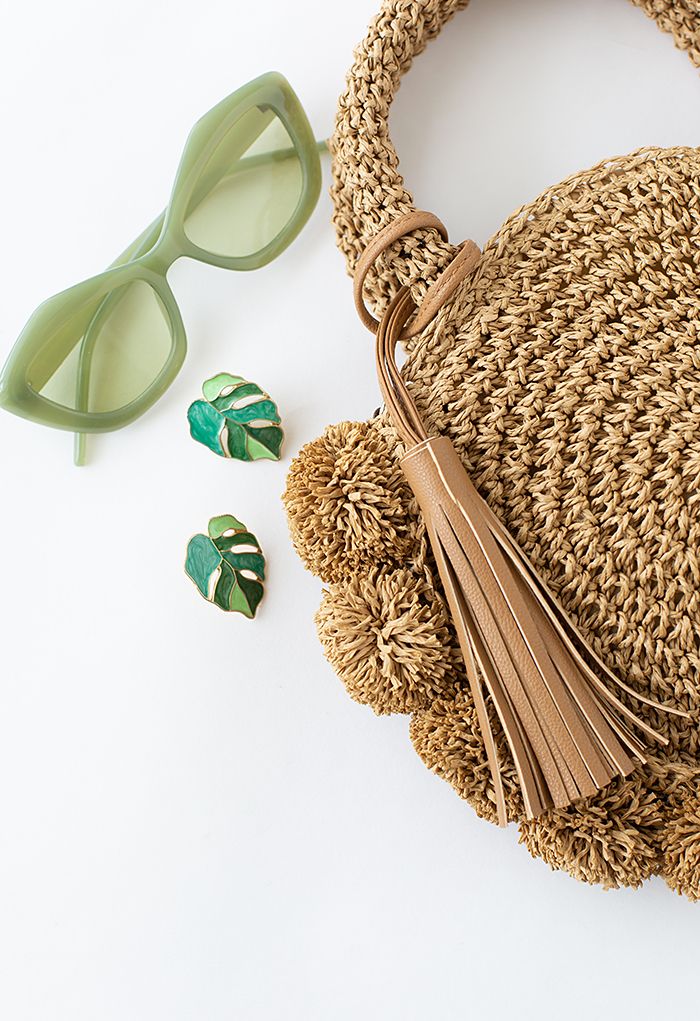 Pom-Pom Ball Tassel Trim Straw Handbag