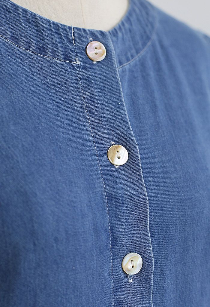 Short Sleeve Buttons Front Denim Dress in Blue