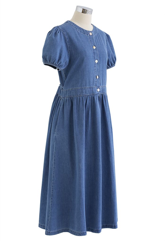 Short Sleeve Buttons Front Denim Dress in Blue