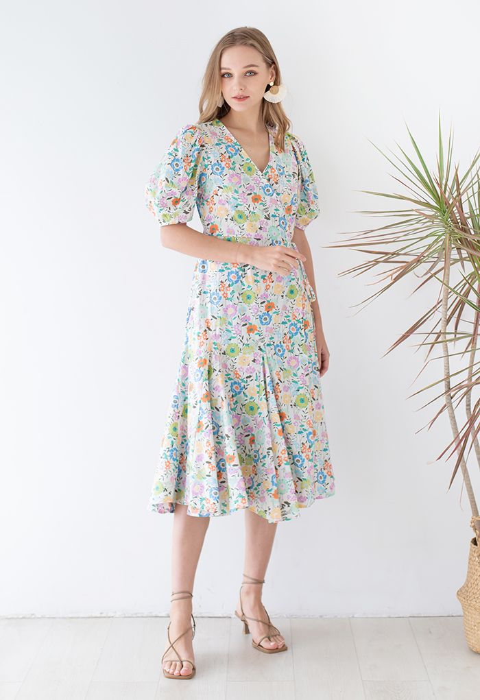 Garden Party Wrap Frilling Dress in Light Green - Retro, Indie and