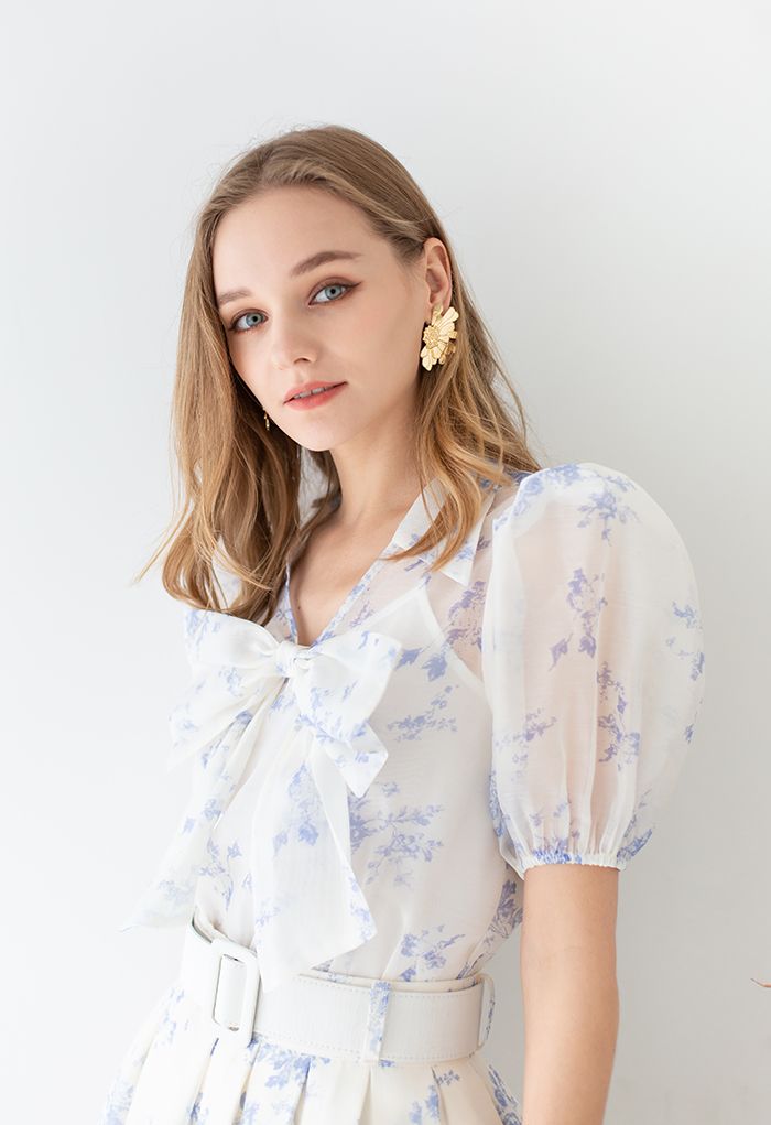 Sweet Bow Short-Sleeve Organza Top in Floral Print