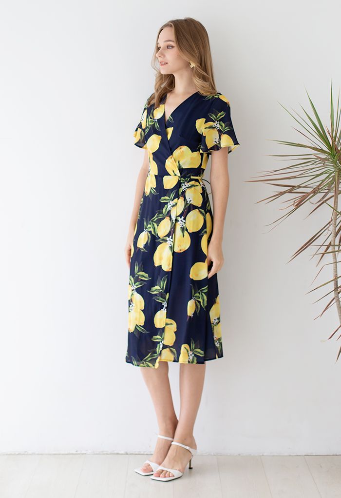 Sweet Lemon Print Wrap Midi Dress