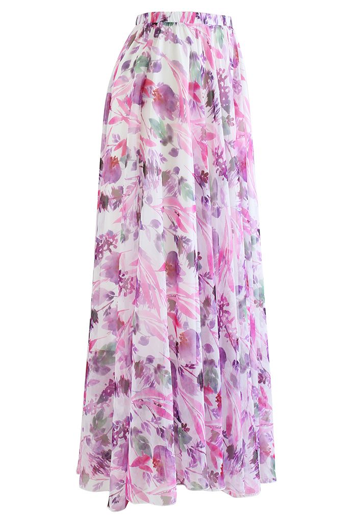 Plum Floral Watercolor Chiffon Maxi Skirt - Retro, Indie and Unique Fashion