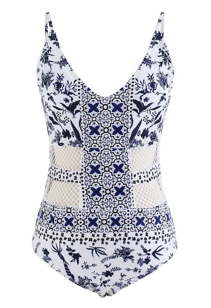 Traditional Pattern Hollow Out Swimsuit