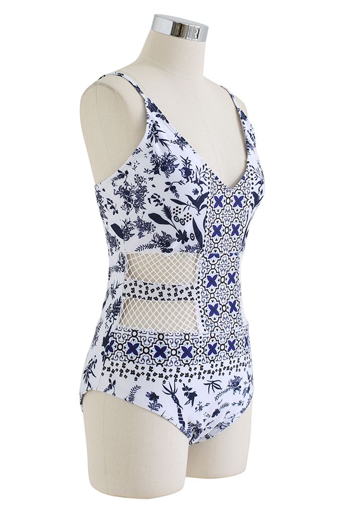 Traditional Pattern Hollow Out Swimsuit