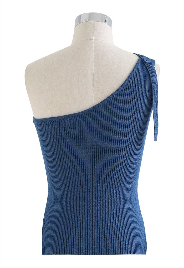 Button Strap One-Shoulder Knit Tank Top in Blue