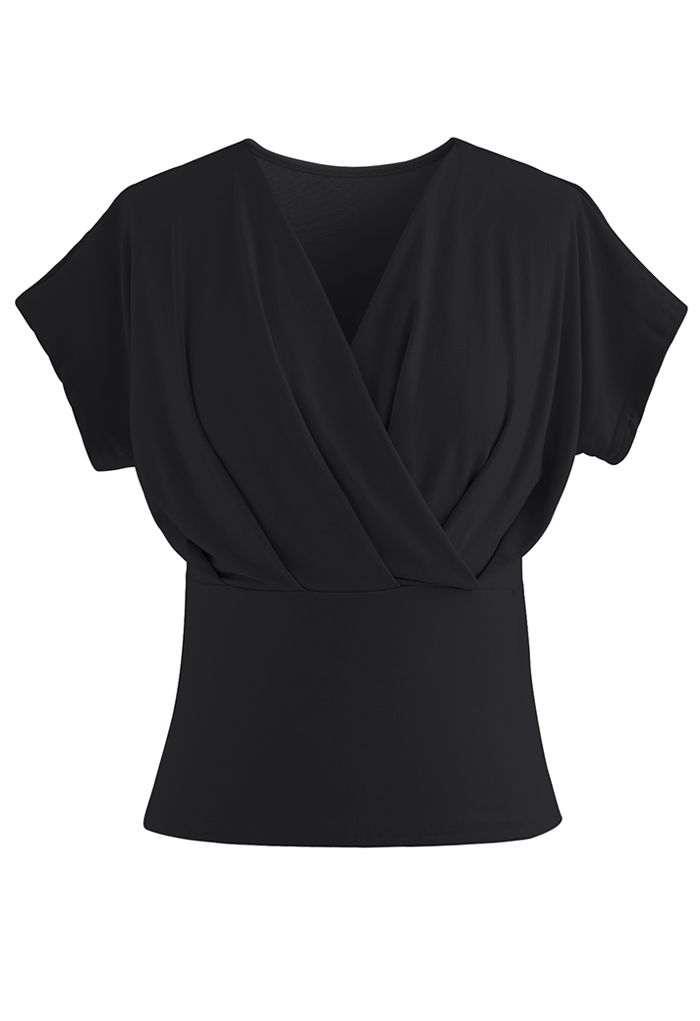 Ultra-Soft Short-Sleeve Cotton Wrap Top in Black
