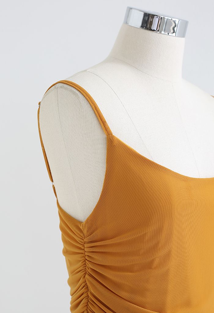 Ruched Soft Mesh Cami Top in Apricot