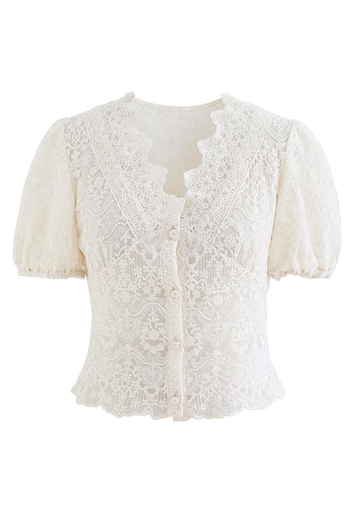 Full Delicate Embroidery Buttoned Mesh Top in Cream