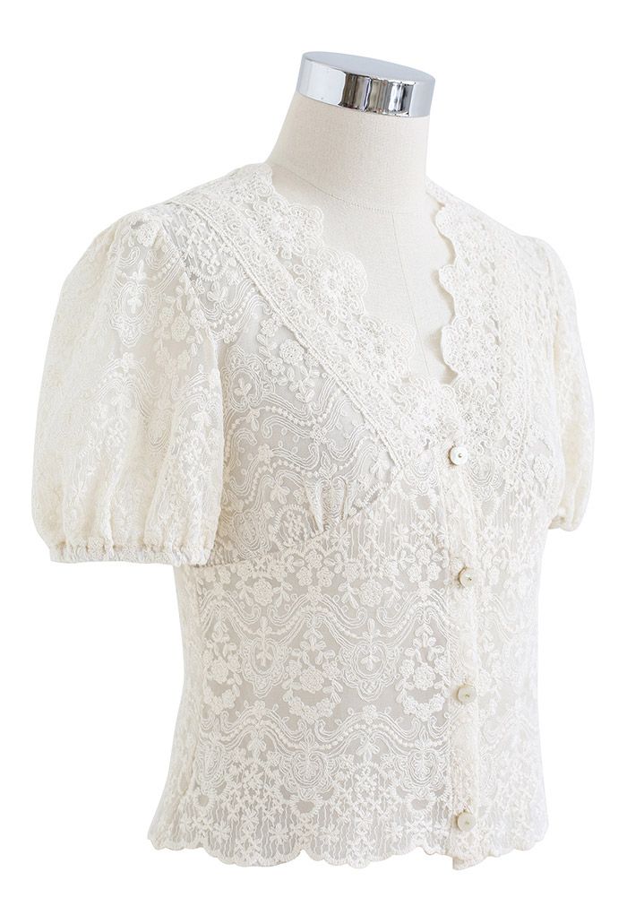 Full Delicate Embroidery Buttoned Mesh Top in Cream