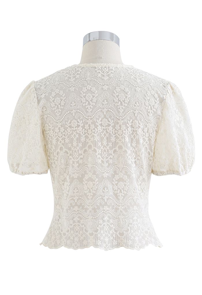 Full Delicate Embroidery Buttoned Mesh Top in Cream