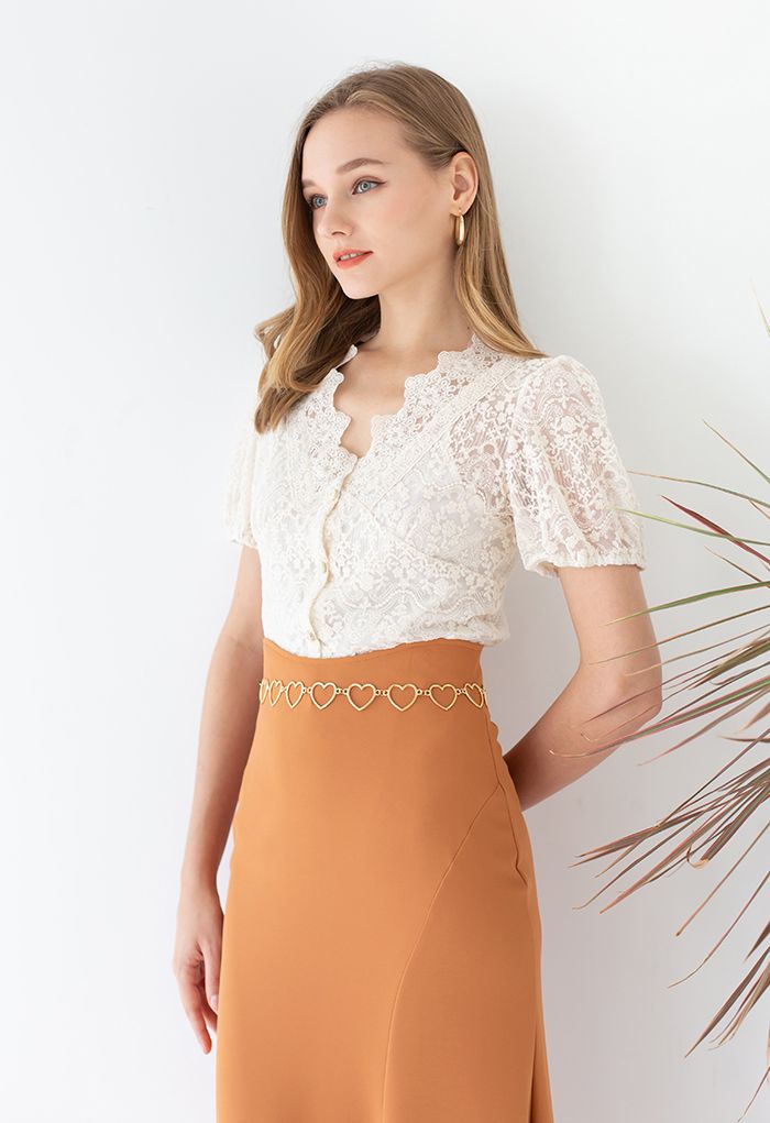 Full Delicate Embroidery Buttoned Mesh Top in Cream