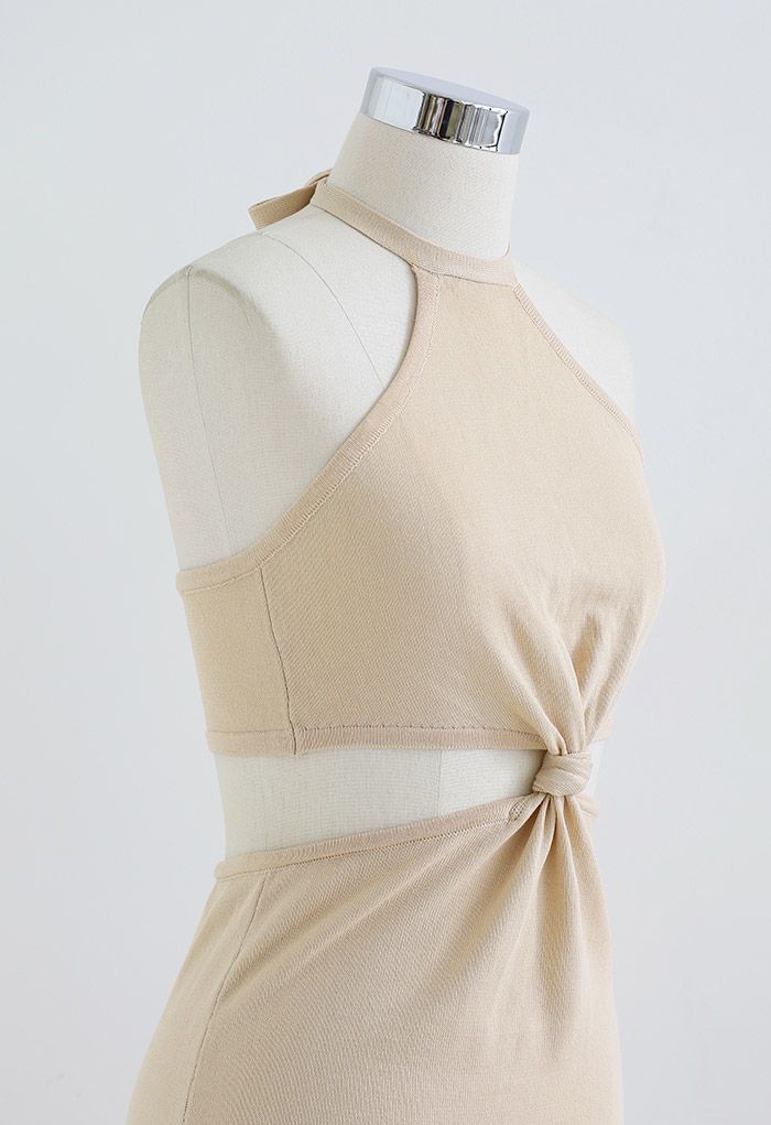 Knot Front Cut Out Waist Knit Midi Dress in Light Tan