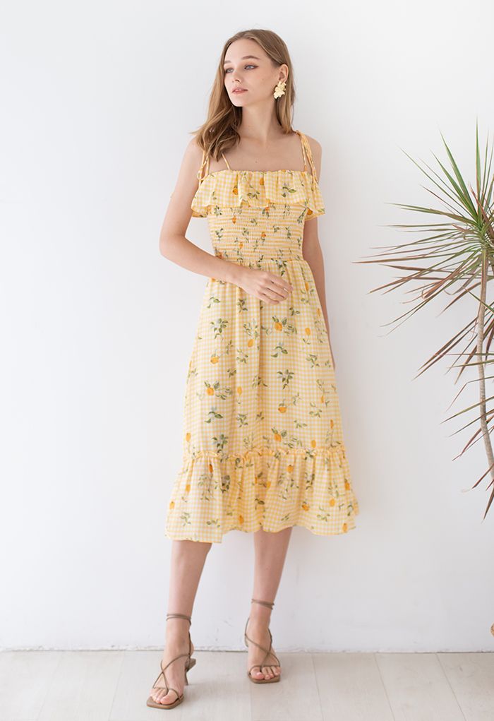 Lemon and Gingham Print Shirred Midi Dress - Retro, Indie and Unique ...