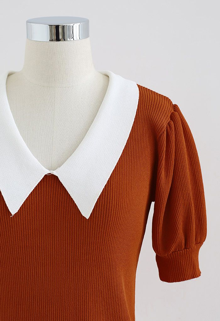 Contrast Pointed Collar Short Sleeve Knit Top in Orange