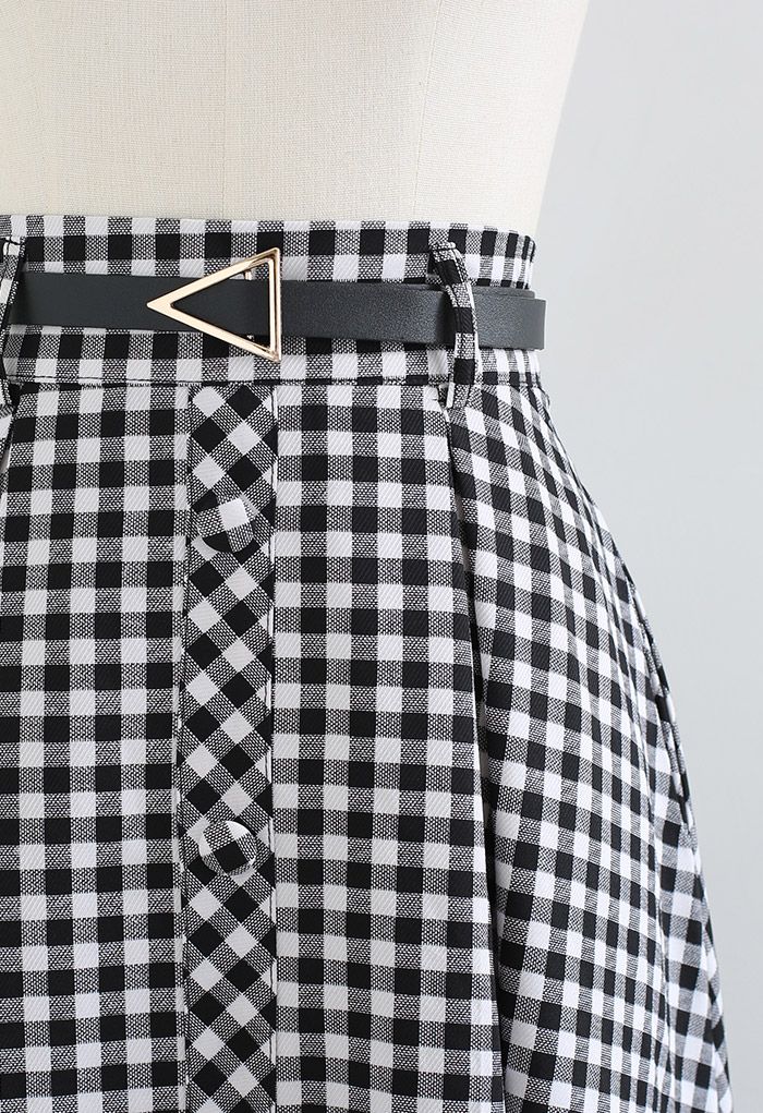 Belted Button Trim Flare Midi Skirt in Gingham