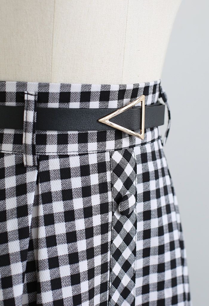 Belted Button Trim Flare Midi Skirt in Gingham