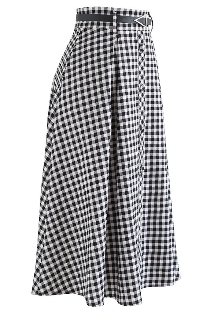 Belted Button Trim Flare Midi Skirt in Gingham