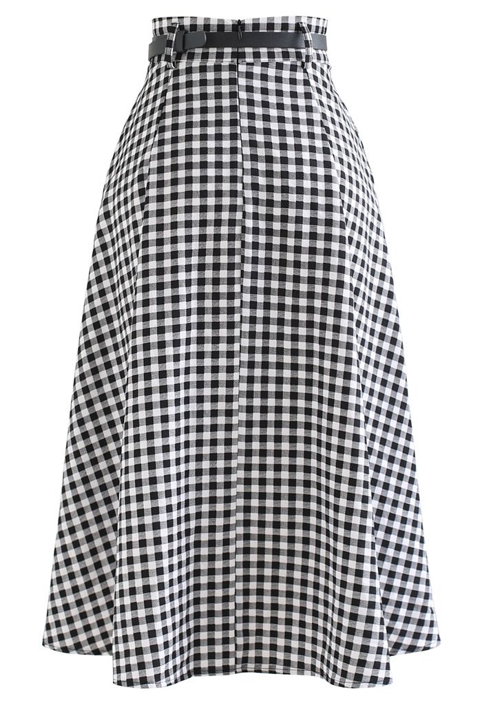 Belted Button Trim Flare Midi Skirt in Gingham