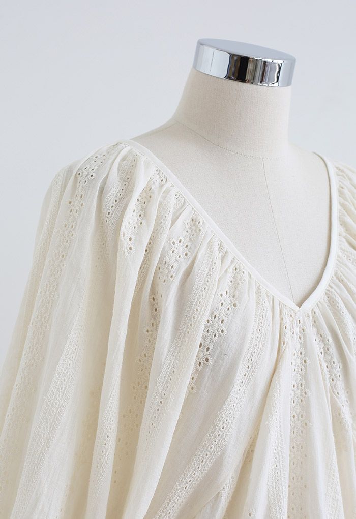 Embroidered Eyelet Tie-Back Smock Top in Cream