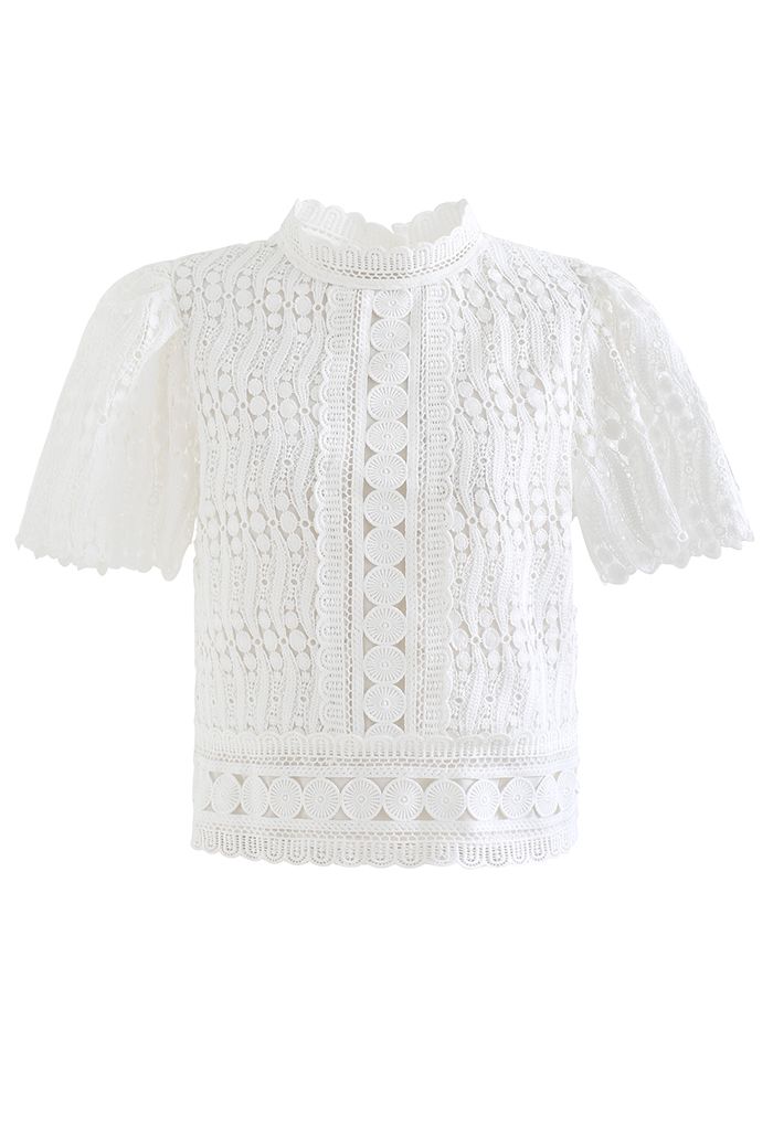 Wandering Vine Crochet Flare Sleeve Top in White