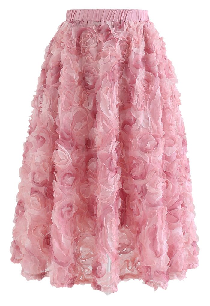 3D Pinky Rose Mesh Tulle Skirt