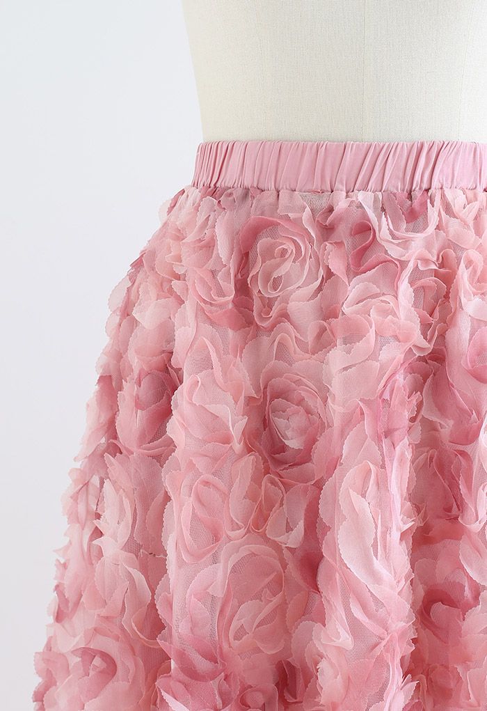 3D Pinky Rose Mesh Tulle Skirt