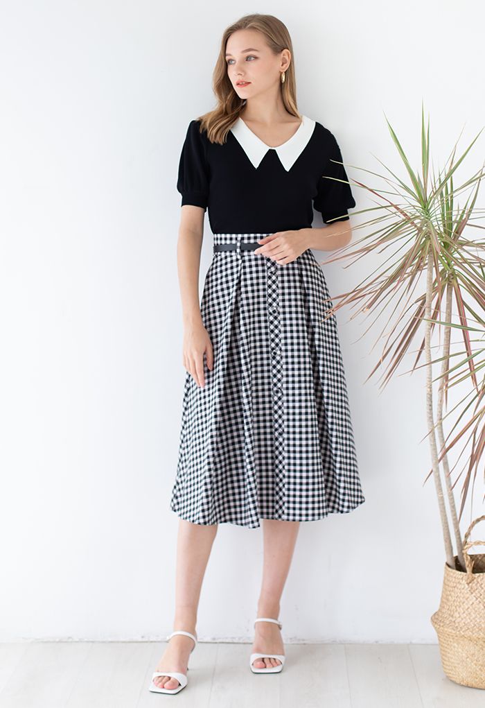 Belted Button Trim Flare Midi Skirt in Gingham